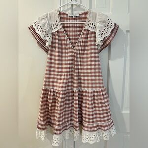 HUNTER BELL Rust and White Gingham Eyelet Trim Mini Dress
